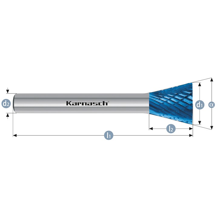 Hartmetall-Frässtift, WKN, Winkel, HP-3-VERZAHNUNG, BLUE-TEC-beschichtet