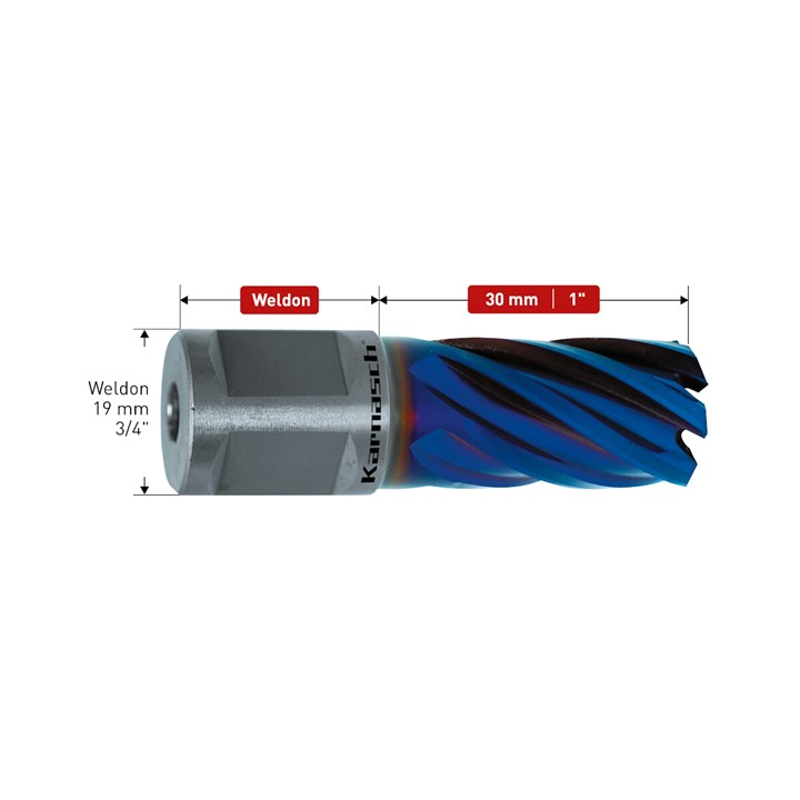 HSS-XE + DURABLUE beschichteter Kernbohrer, Weldonschaft, Nutzlänge 30 mm, Blue-Drill Line30