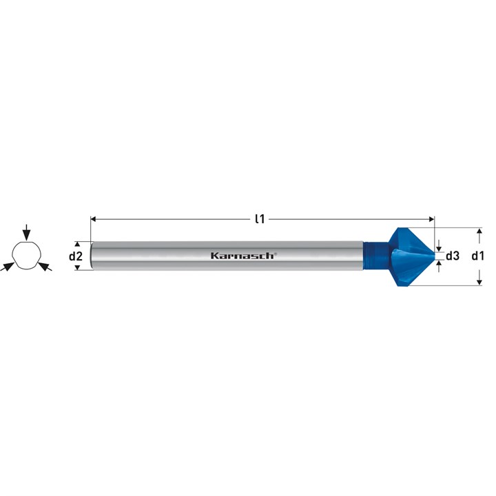 HSS-XE + BLUE-TEC beschichteter Kegelsenker DIN 335 Form C 90 Grad, 3-Flächen-Schaft, langer Schaft