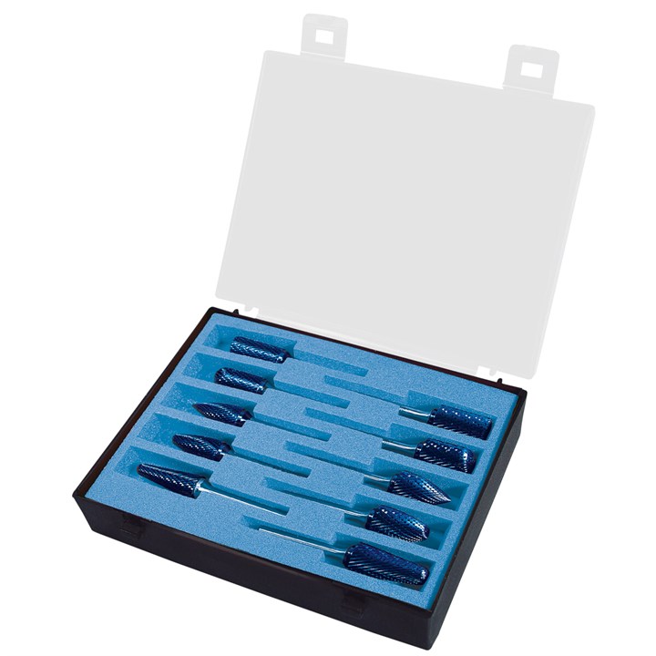 Rotierfräser-Set, Durchmesser 12 mm, Schaft 6 mm, HP-3 VERZAHNUNG, BLUE-TEC-beschichtet, DIN NORM