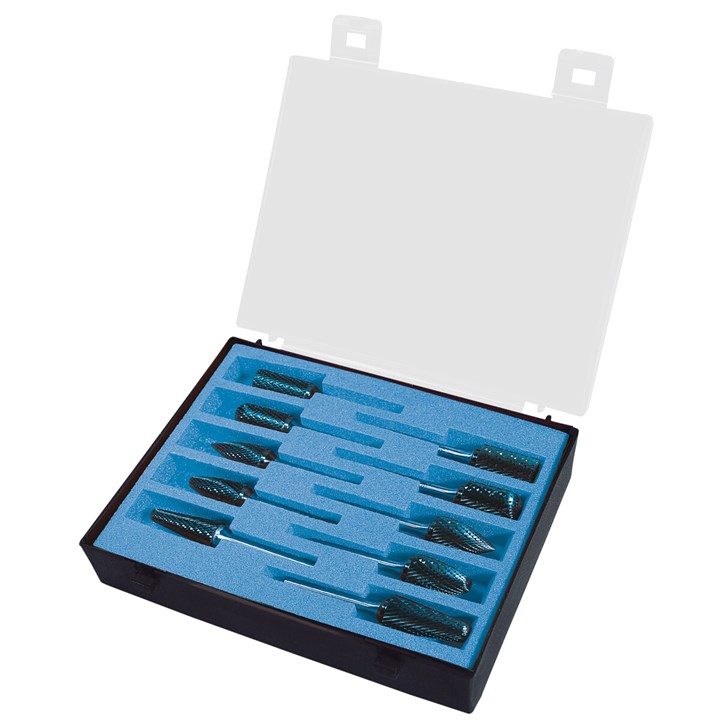 Rotary Burrs kit, Diameter 10 + 12mm, 6mm Shank, HP3 Cut, Blue-tec coated