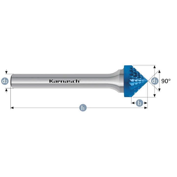 Hartmetall-Frässtift, KSK, Kegel 90 Grad, HP-3-VERZAHNUNG, BLUE-TEC-beschichtet