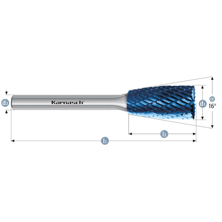 Rotary Burr, Combi + Form, ZYB + WKN, cylindrical with end cut + inverted cone, Blue-tec coated