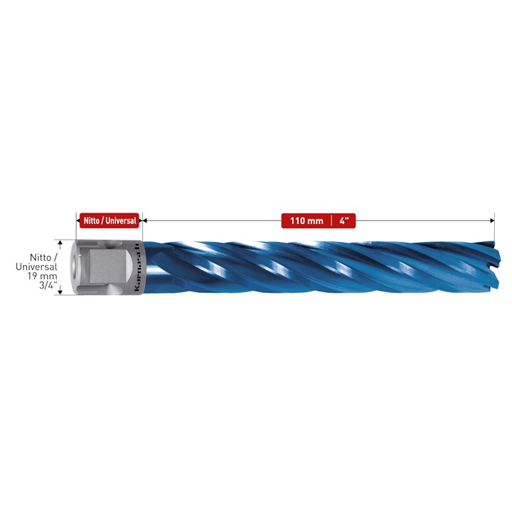 HSS-XE + DURABLUE beschichteter Kernbohrer, Nitto/Universalschaft, Nutzlänge 110 mm, Blue-Drill Line 110