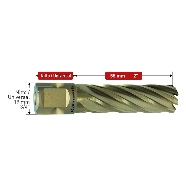 HSS-XE Kernbohrer, Sandwich Nitto/Universalschaft, Nutzlänge 55 mm, Gold-Drill Line55