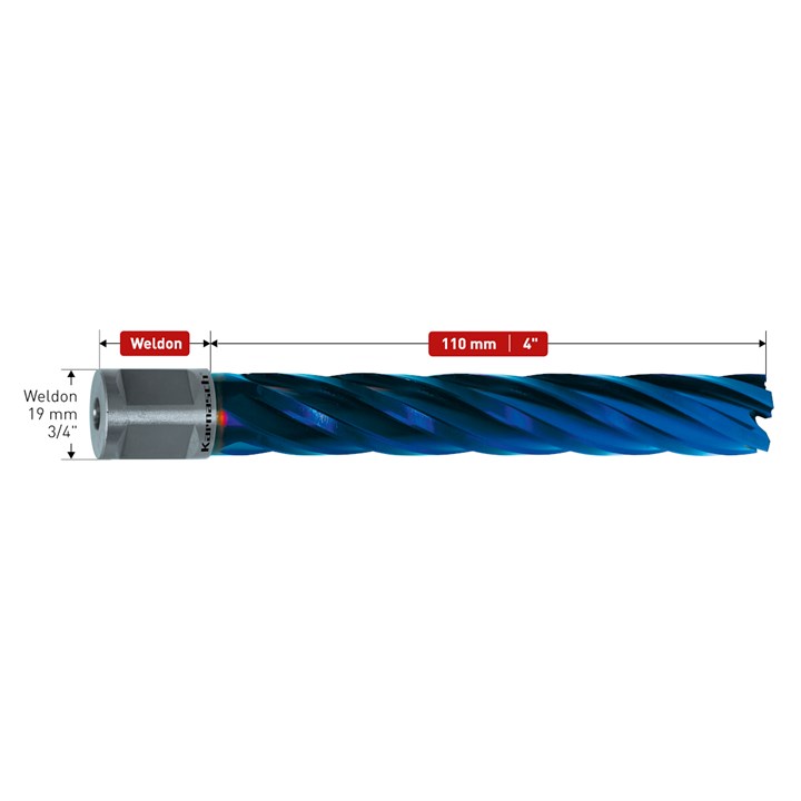HSS-XE + DURABLUE beschichteter Kernbohrer, Weldonschaft, Nutzlänge 110 mm, Blue-Drill Line110