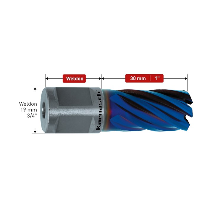 Pulverstahl + DURABLUE beschichteter Kernbohrer, Weldonschaft, Nutzlänge 30 mm, Blue-Drill Line30PRO / Blue-Drill Line-Rail30PRO