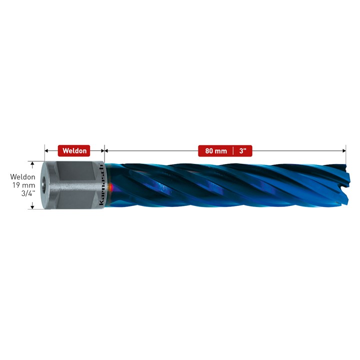 HSS-XE + DURABLUE beschichteter Kernbohrer, Weldonschaft, Nutzlänge 80 mm, Blue-Drill Line80