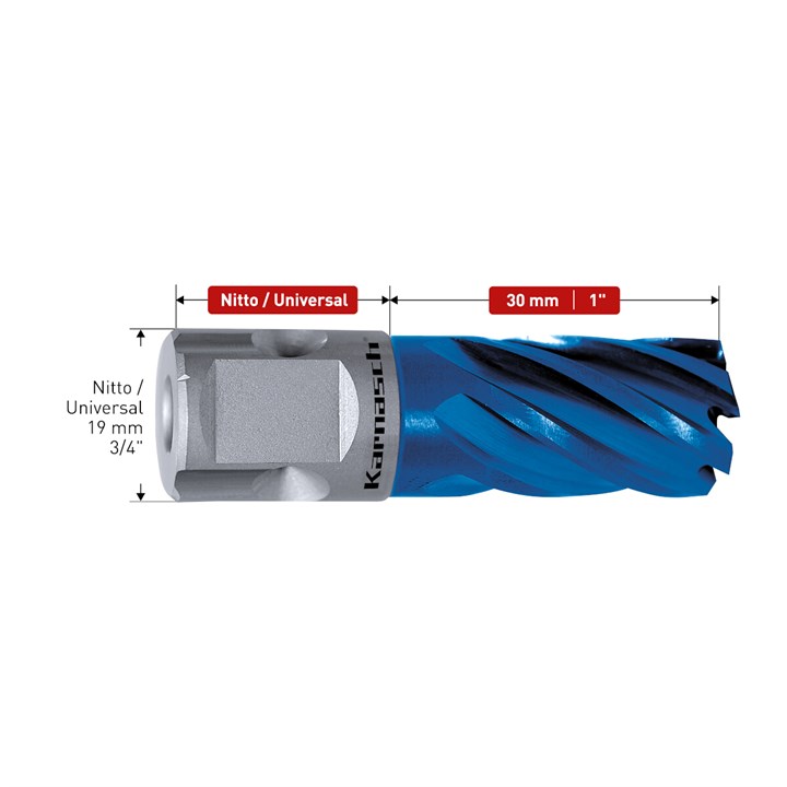 HSS-XE + DURABLUE beschichteter Kernbohrer, Nitto/Universalschaft, Nutzlänge 30 mm, Blue-Drill Line30