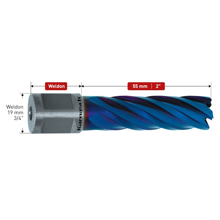Pulverstahl + DURABLUE beschichteter Kernbohrer, Weldonschaft, Nutzlänge 55 mm, Blue-Drill Line55PRO / Blue-Drill Line-Rail55PRO