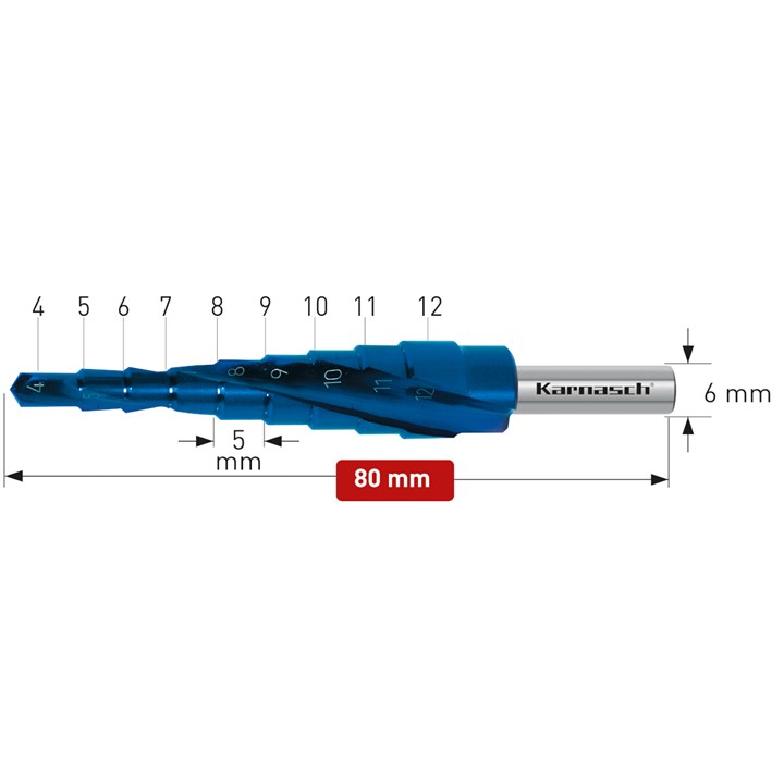 HSS-XE + BLUE-DUR beschichteter Stufenbohrer, Durchmesser 4-12 mm, CBN geschliffen, 2 Schneiden