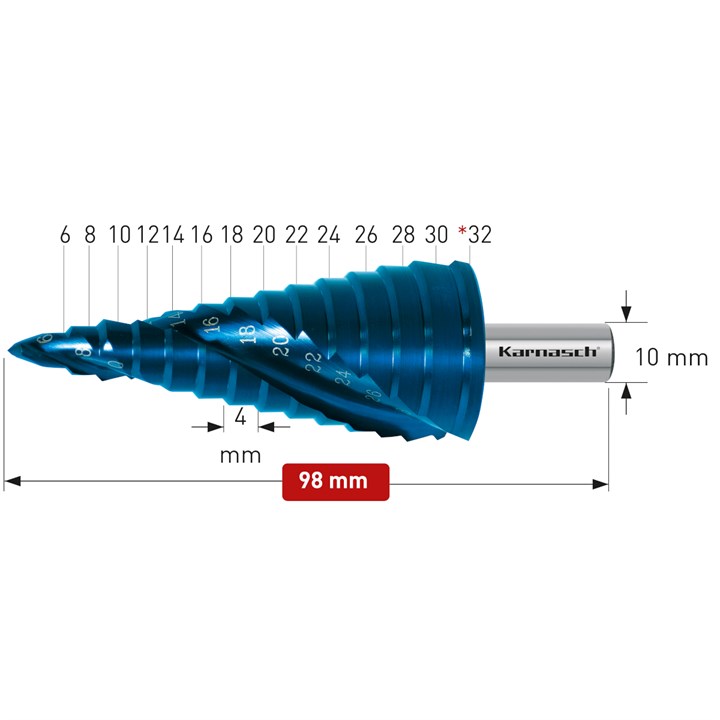 HSS-XE + BLUE-DUR beschichteter Stufenbohrer, Durchmesser 6-30 mm, CBN geschliffen, 2 Schneiden