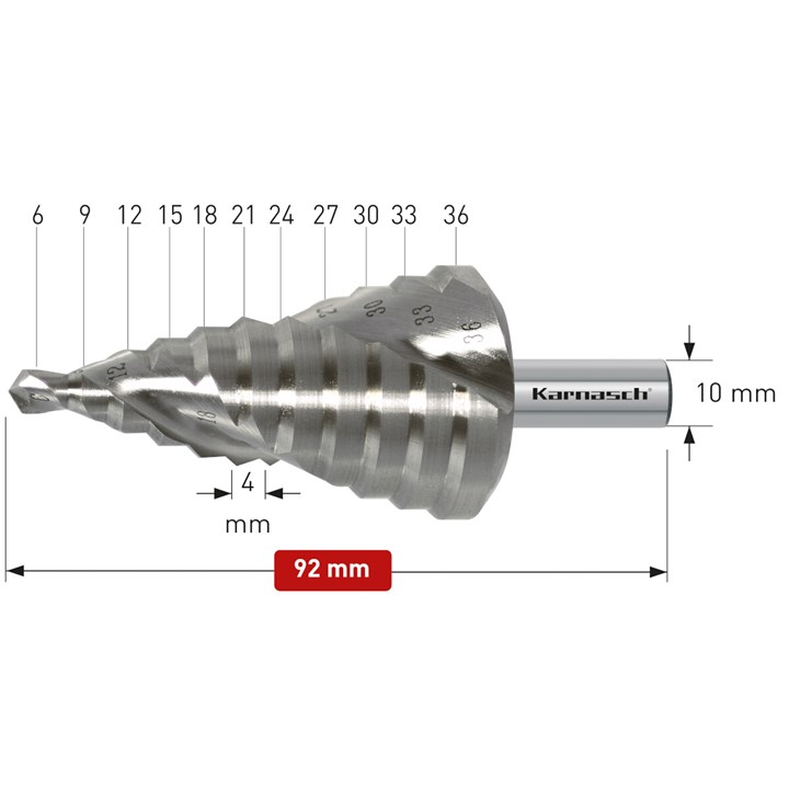 HSS-XE Stufenbohrer, Durchmesser 6-36 mm, CBN geschliffen, 2 Schneiden