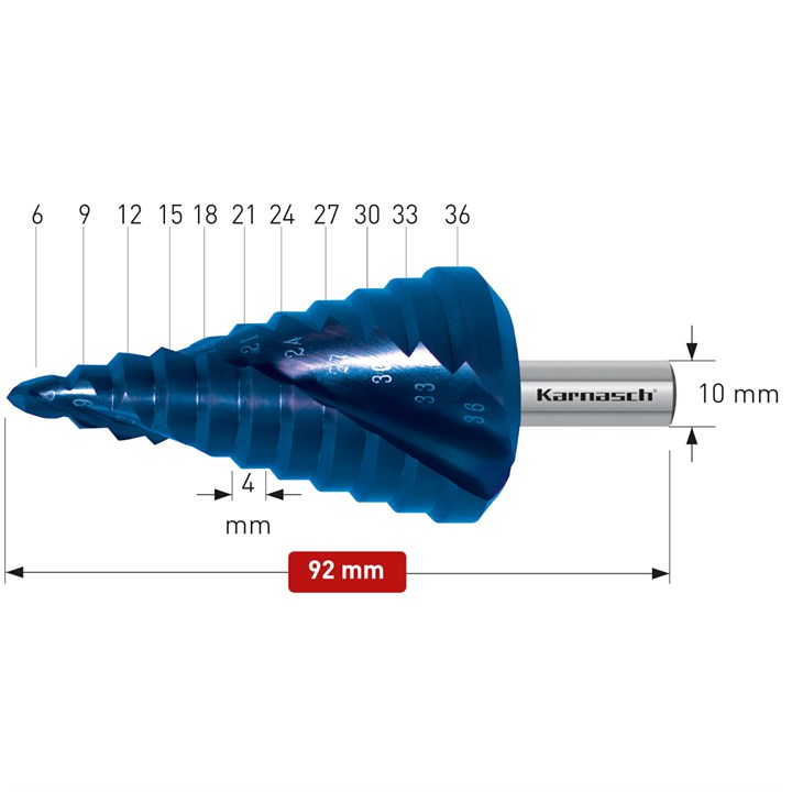 HSS-XE + BLUE-DUR beschichteter Stufenbohrer, Durchmesser 6-36 mm, CBN geschliffen, 2 Schneiden