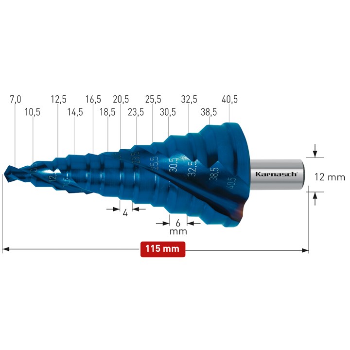 HSS-XE + BLUE-DUR beschichteter Stufenbohrer für Kabelschraubungen, Durchmesser 7-40,5 mm, CBN geschliffen, 2 Schneiden