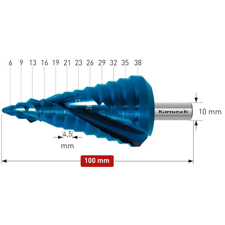 HSS-XE + BLUE-DUR beschichteter Stufenbohrer, Durchmesser 6-38 mm, CBN geschliffen, 2 Schneiden