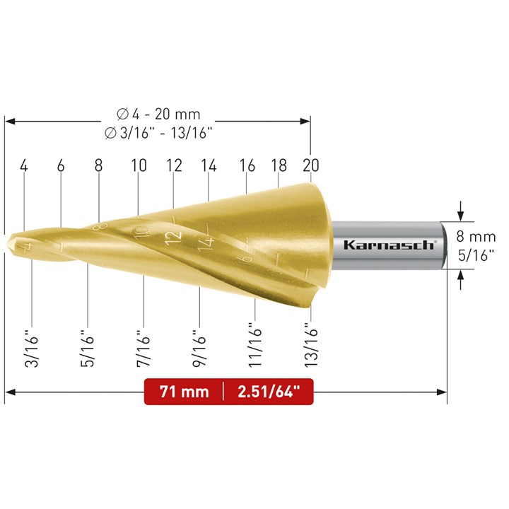 HSS-XE + TiN-GOLD beschichteter Blechschälbohrer, Durchmesser 4-20 mm, CBN geschliffen, 2 Schneiden