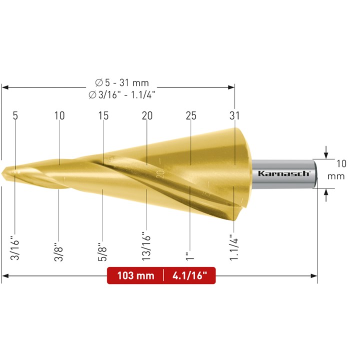 HSS-XE + TiN-GOLD beschichteter Blechschälbohrer, Durchmesser 5-31 mm, CBN geschliffen, 2 Schneiden