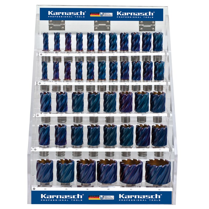 Abschließbares Acryl-Display, HSS-XE + DURABLUE-beschichtete Kernbohrer, Weldonschaft, Nutzlänge 30 mm, Blue-Line30