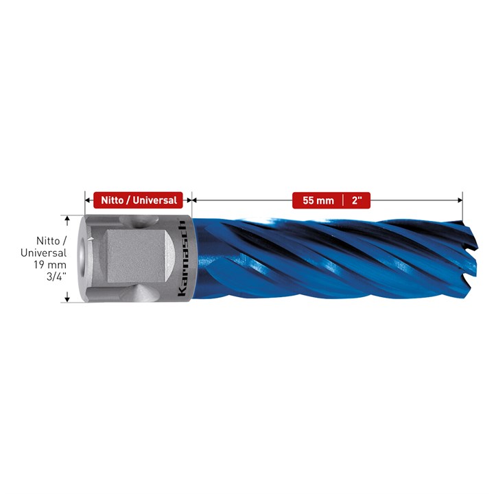 HSS-XE + DURABLUE beschichteter Kernbohrer, Nitto/Universalschaft, Nutzlänge 55 mm, Blue-Drill Line55 Zoll