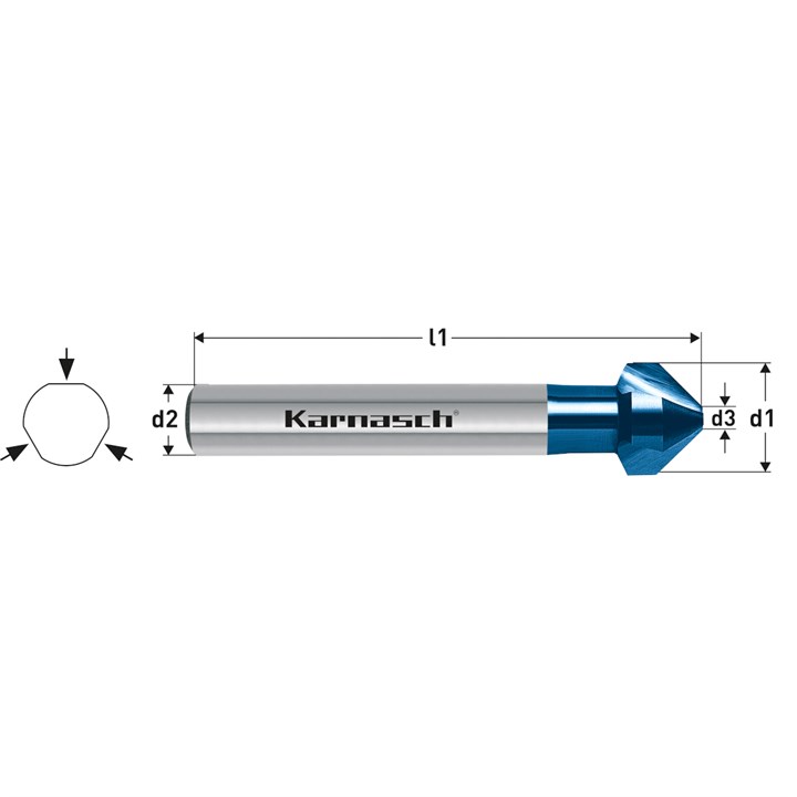 HSS-XE + BLUE-TEC beschichteter Kegelsenker DIN 335 Form C 90 Grad, 3-Flächen-Schaft