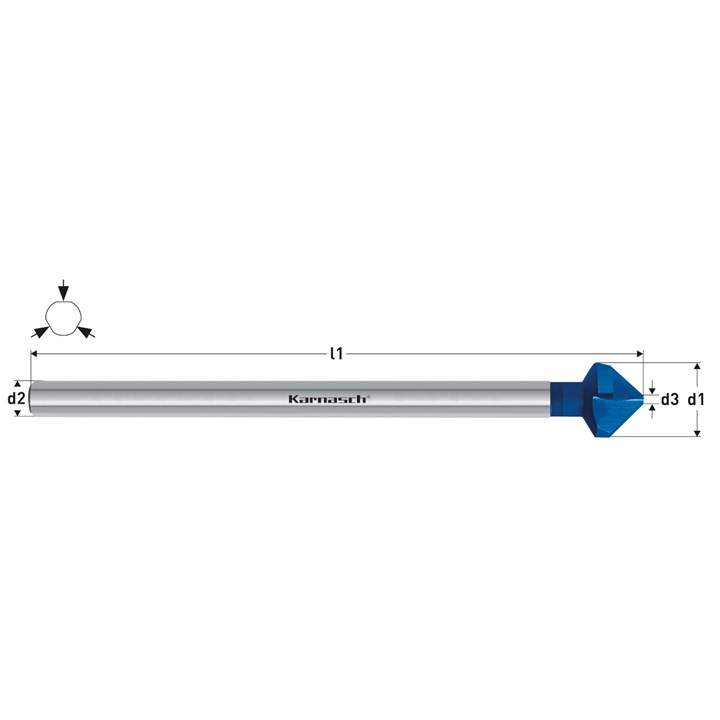 HSS-XE + BLUE-TEC beschichteter Kegelsenker DIN 335 Form C 90 Grad, 3-Flächen-Schaft, extra langer Schaft