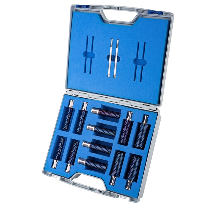 12 Piece Set, Blue-Drill Line Pro/Blue-Drill Line-Rail Pro, Powder steel Durablue Coated Annular Cutters, Drill Depth 55mm, Weldon Shank 19mm