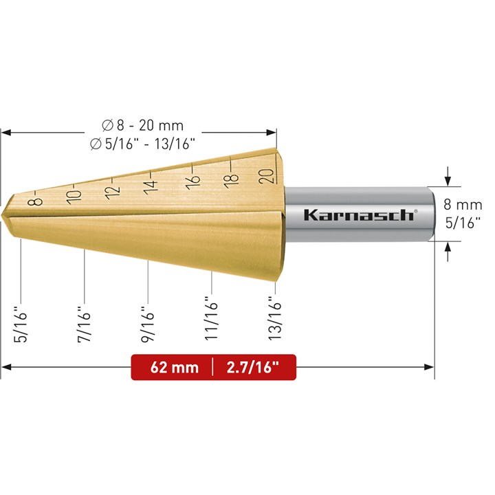 HSS-XE + TiN-GOLD beschichteter Blechschälbohrer, Durchmesser 8-20 mm, CBN geschliffen, 2 Schneiden