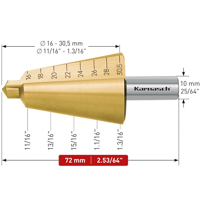 HSS-XE Tin-Gold Coated tube and sheet drill, 16-30.5mm, CBN ground, 2 cutting edges