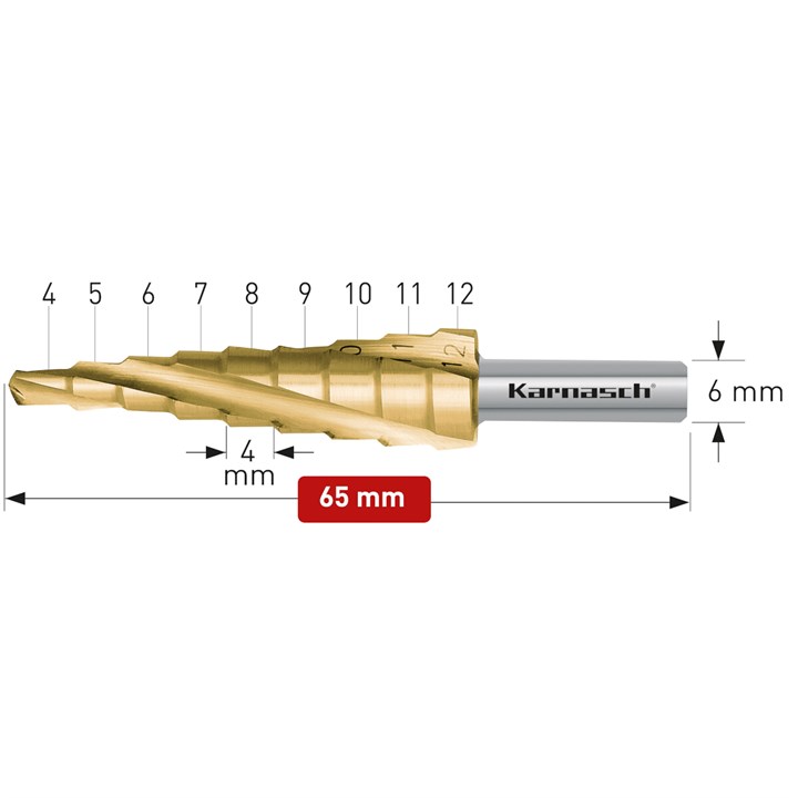 HSS-XE + TiN-GOLD beschichteter Stufenbohrer, Durchmesser 4-12 mm, CBN geschliffen, 3 Schneiden