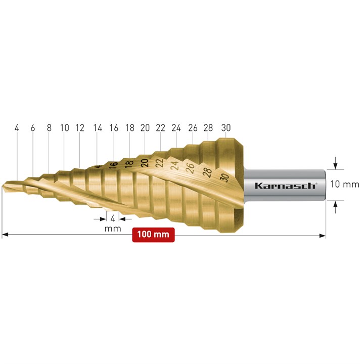 HSS-XE Tin-Gold Coated step drill, 6-30mm, CBN ground, 3 cutting edges