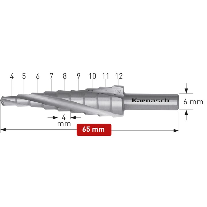 HSS-XE Stufenbohrer, Durchmesser 4-12 mm, CBN geschliffen, 3 Schneiden
