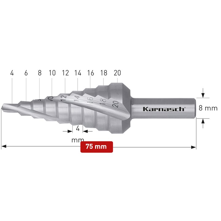HSS-XE Stufenbohrer, Durchmesser 4-20 mm, CBN geschliffen, 3 Schneiden