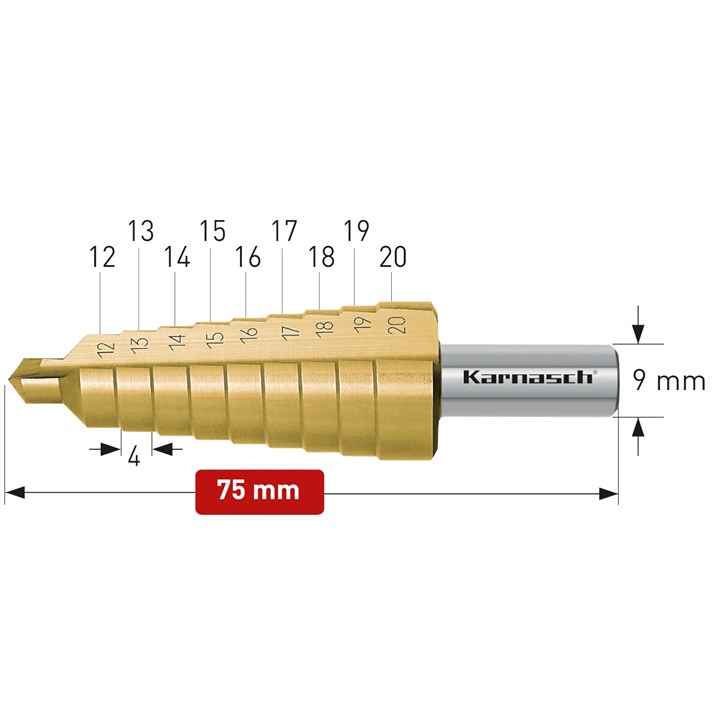 HSS-XE Tin-Gold Coated step drill, 12-20mm, CBN ground, 2 cutting edges