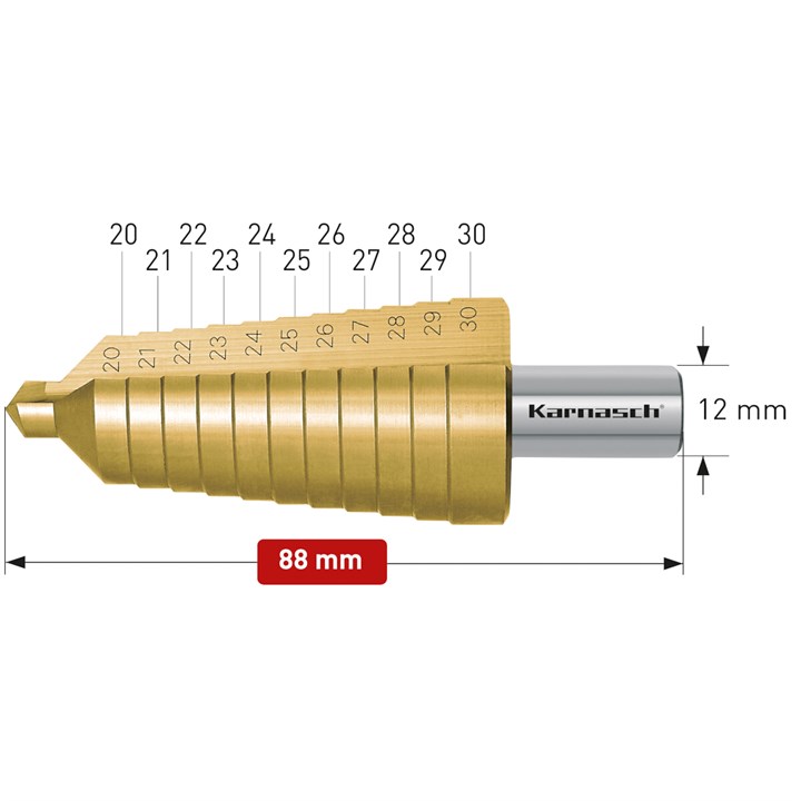 HSS-XE Tin-Gold Coated step drill, 20-30mm, CBN ground, 2 cutting edges