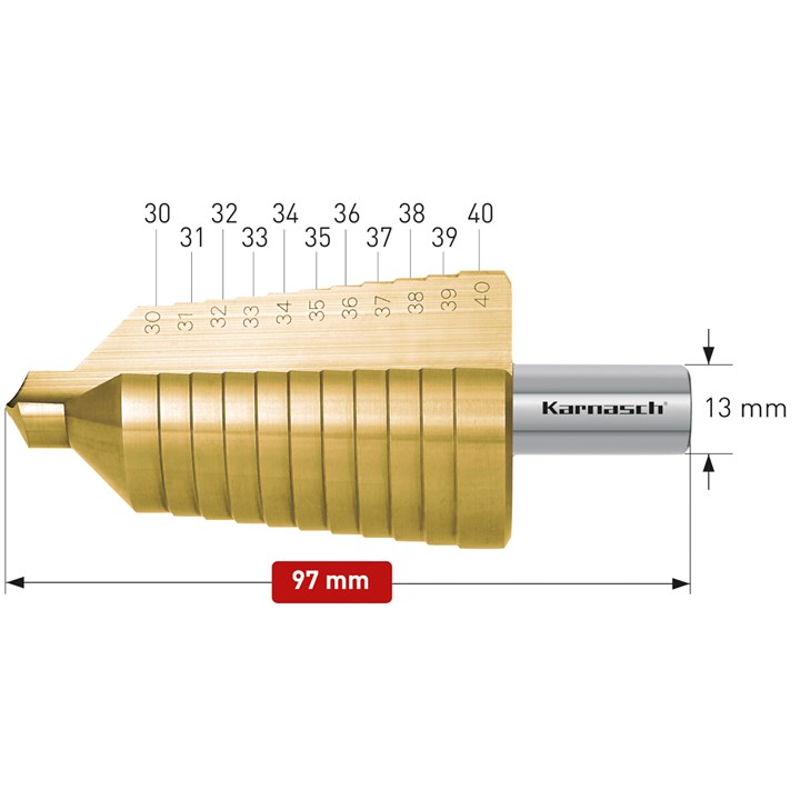 HSS-XE + TiN-GOLD beschichteter Stufenbohrer, Durchmesser 30-40 mm, CBN geschliffen, 2 Schneiden