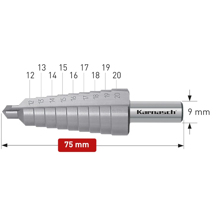 HSS-XE step drill, 12-20mm, CBN ground, 2 cutting edges