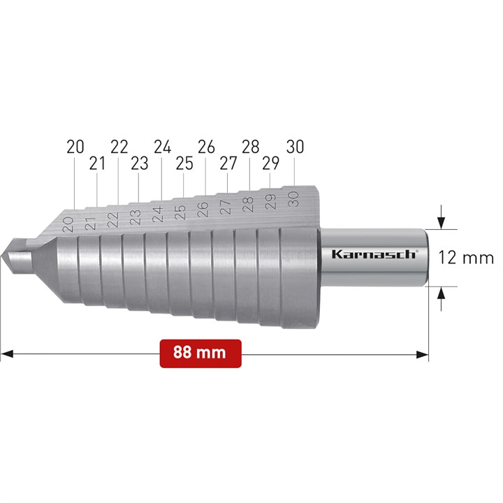HSS-XE step drill, 20-30mm, CBN ground, 2 cutting edges
