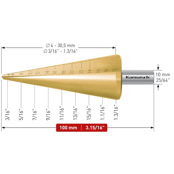 HSS-XE + TiN-GOLD beschichteter Blechschälbohrer, Durchmesser 4-30,5 mm, CBN geschliffen, 2 Schneiden
