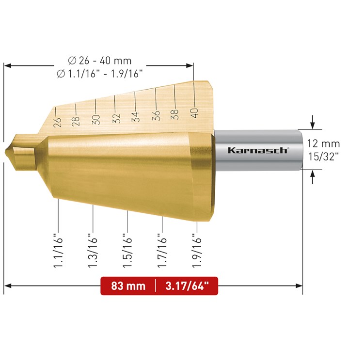 HSS-XE + TiN-GOLD beschichteter Blechschälbohrer, Durchmesser 26-40 mm, CBN geschliffen, 2 Schneiden