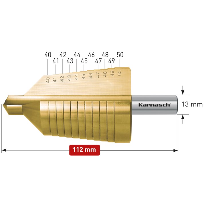 HSS-XE Tin-Gold Coated step drill, 40-50mm, CBN ground, 2 cutting edges