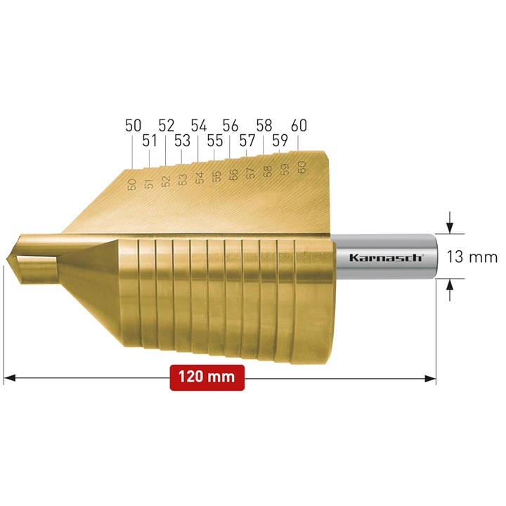 HSS-XE + TiN-GOLD beschichteter Stufenbohrer, Durchmesser 50-60 mm, CBN geschliffen, 2 Schneiden