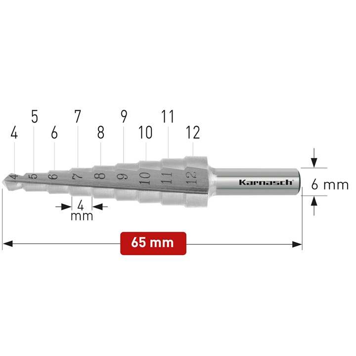 4-12mm Step drills CBN ground, straight fluted with split point, 2 cutting edges