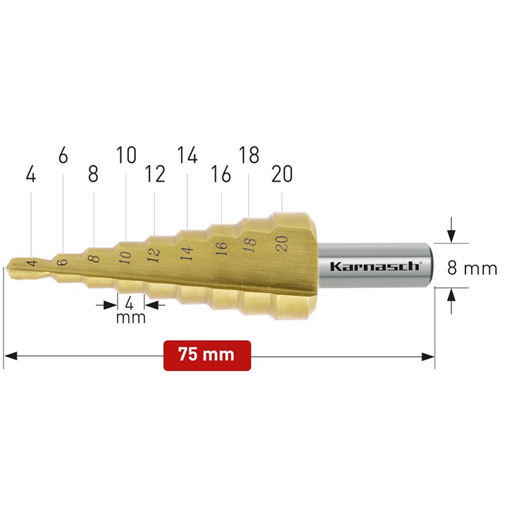 HSS-XE + TiN-GOLD beschichteter Stufenbohrer, Durchmesser 4-20 mm, CBN geschliffen, gerade genutet mit Kreuzanschliff, 2 Schneiden