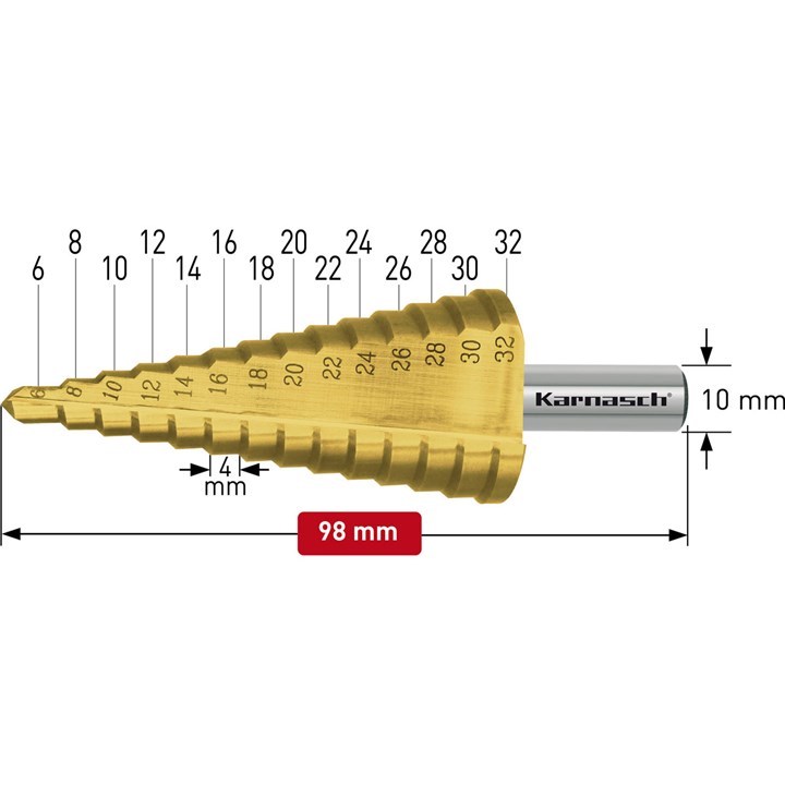 HSS-XE + TiN-GOLD beschichteter Stufenbohrer, Durchmesser 6-32 mm, CBN geschliffen, gerade genutet mit Kreuzanschliff, 2 Schneiden