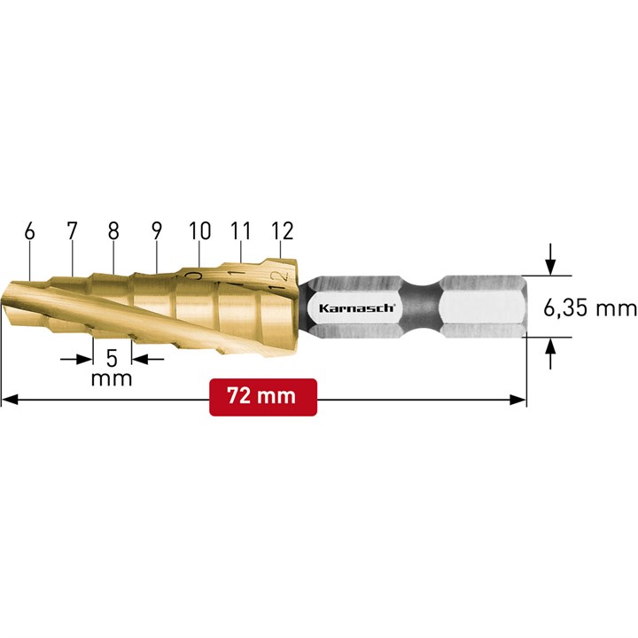 STUFENBOHRER HSS-XE Stahl + TiN-GOLD-beschichtet MIT BITAUFNAHME, 6-12mm
