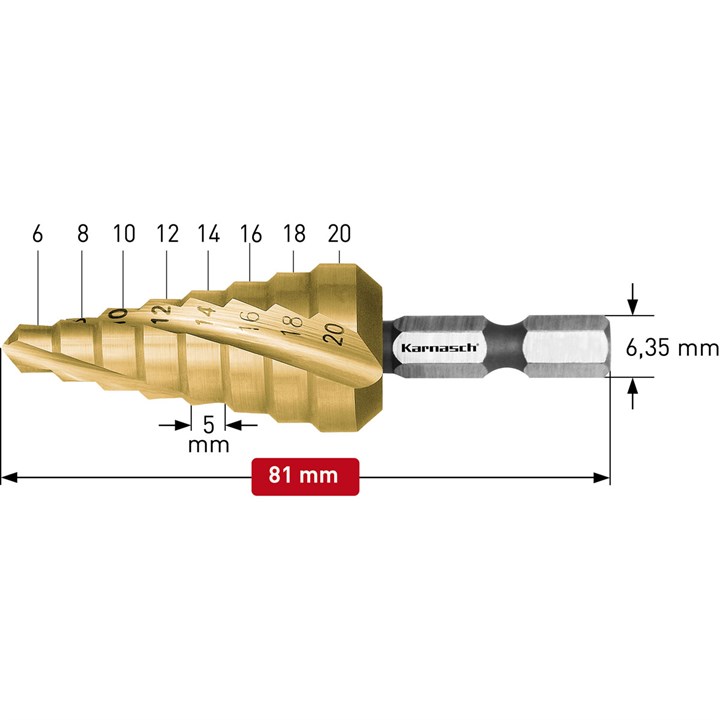 STUFENBOHRER HSS-XE Stahl + TiN-GOLD-beschichtet MIT BITAUFNAHME, 6-20mm