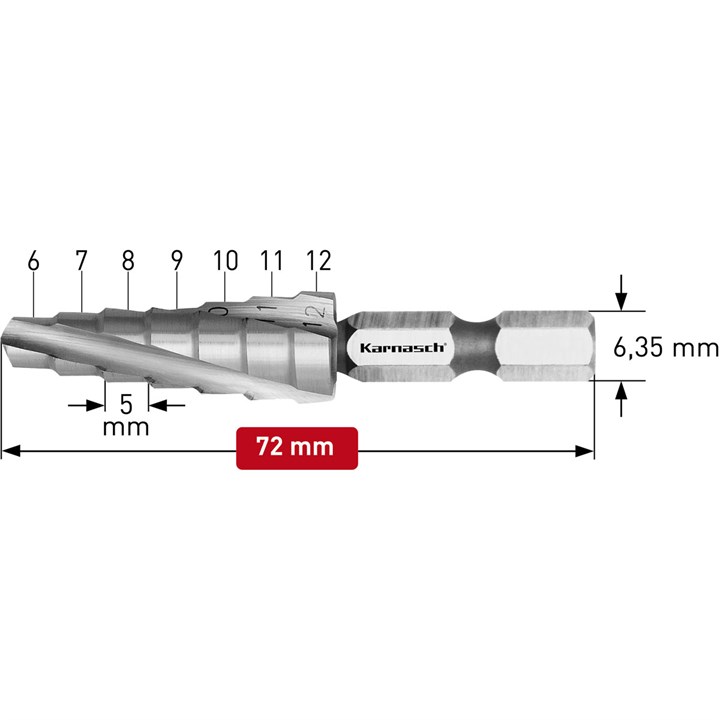 Step drills HSS-XE with impact shank, Diameters 6-12mm