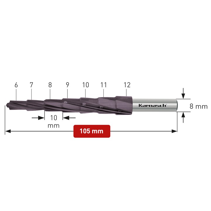 HSS-XE + Titan-Tec beschichteter Stufenbohrer, Durchmesser 6-12 mm, Spiral genutet mit Kreuzanschliff, 4 Schneiden