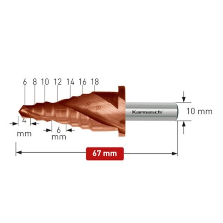 HSS-XE Titan-Tec Coated step drill for guardrail assembly, 6-18mm, Spiral fluted with split point, 2 cutting edges